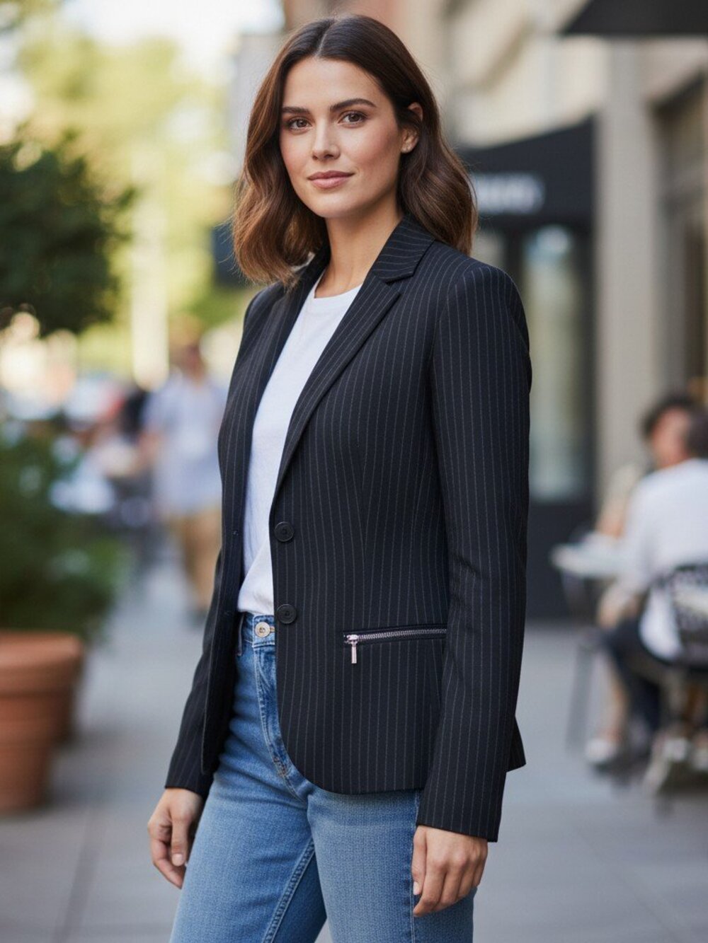 TAHARI Pinstripe Jacket Blazer Women's 8 V Neck Lined Padded Shoulder Wool Blend